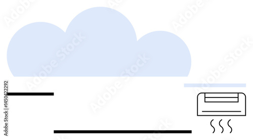 Cloud overhead with air conditioning unit emitting heat waves. Ideal for climate, air cooling, technology, environment, energy efficiency, indoors, modern living. Flat simple metaphor
