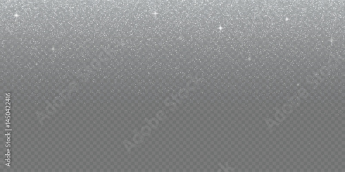 Silver glitter sparkles fallen on transparent background. Abstract dust particles, white confetti png bg. Festive wallpaper for christmas poster, flyer, new year card, realistic vector snow powder.
