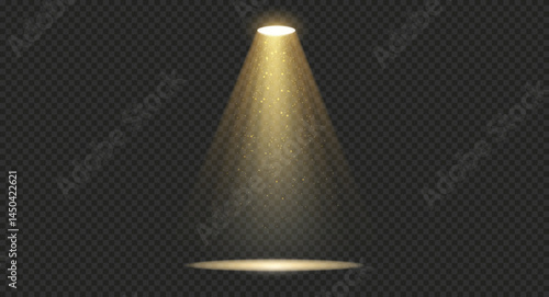 Gold spotlight with glow dust, light source with reflection on the floor on transparent background. Realistic yellow spotlight in abstract dark studio, room or theater scene, or concert.