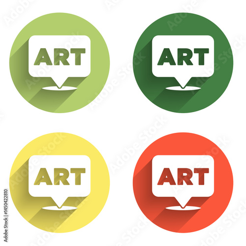 Set Speech bubble with text art icon isolated with long shadow background. Message icon. Communication or comment chat symbol. Color circle button. Vector