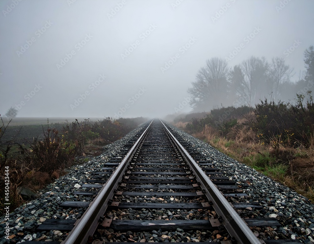 Fototapeta premium Misty railroad tracks vanishing into the fog. A scenic, atmospheric image perfect for travel, mood, or transportation themes.