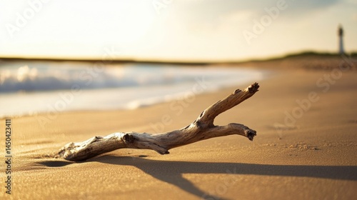Driftwood branch on sandy beach at sunrise.