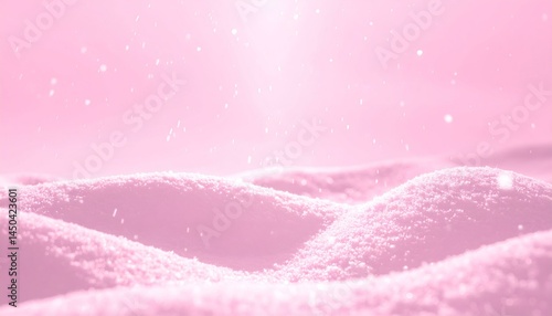 Pink snow drifts, soft light, falling snowflakes. Dreamy winter scene. Perfect for backgrounds, greeting cards, or websites.