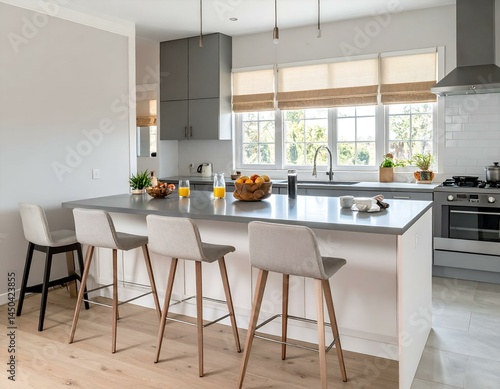 Wallpaper Mural Modern kitchen island with gray countertop, wooden stools, and natural light. Fresh fruit and juice add a vibrant touch. Torontodigital.ca