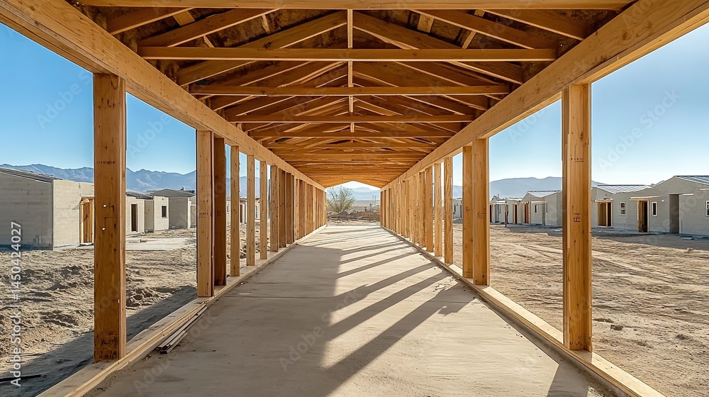 Obraz premium Unfinished wooden corridor with cement ground and mountains in sunlight.