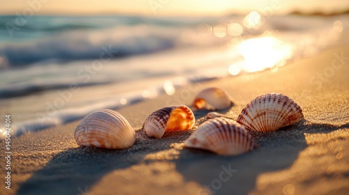 Seashells resting on a sandy beach at sunrise.