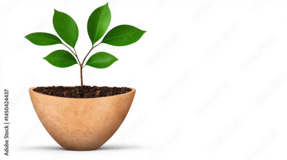 Green Plant Sprouting in a Brown Bowl Against White Background Green Plant Sprouting in a Brown Bowl Against White Background