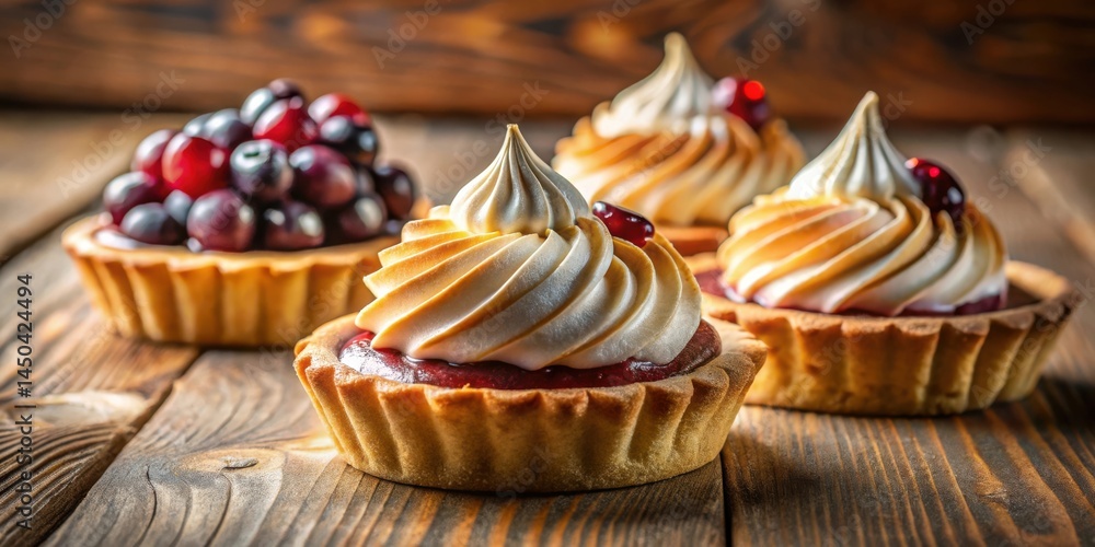 Swirls of Creamy Delights Delicious Pastry Cups Topped with Whipped Cream and Cherries on a Rustic Wooden Surface Swirls of Creamy Delights Delicious Pastry Cups Topped with Whipped Cream and Cherries on a Rustic Wooden Surface