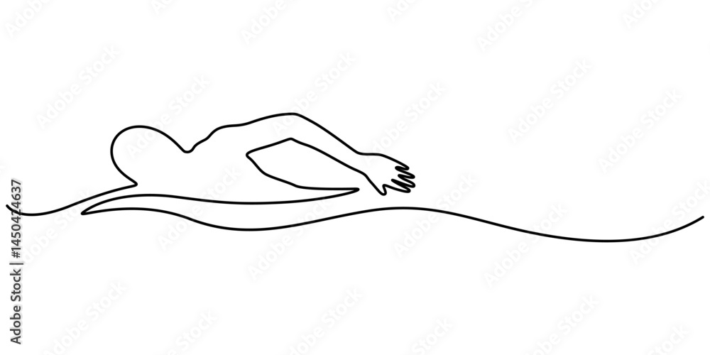 Fototapeta premium Single continuous line drawing of young happy professional swimmer man focus training in gym swimming pool center, One continuous line drawing of Marathon Swimming sports vector illustration. minimal.