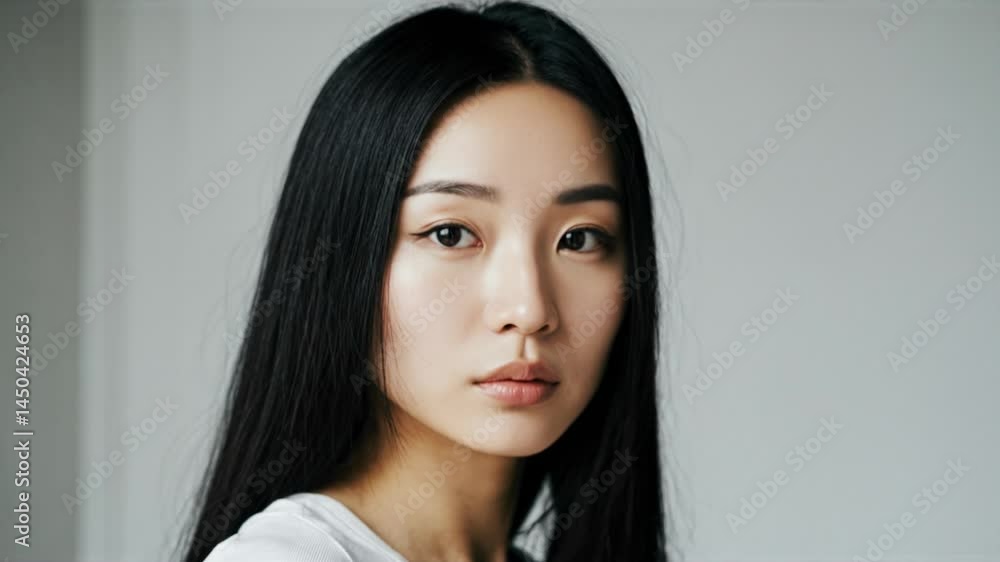 Serene young woman gazing thoughtfully against neutral background Serene young woman gazing thoughtfully against neutral background