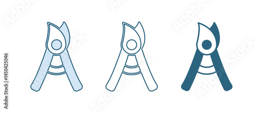 Blue Gardening handmade scissors for trimming icon isolated on white background. Pruning shears with wooden handles. Vector