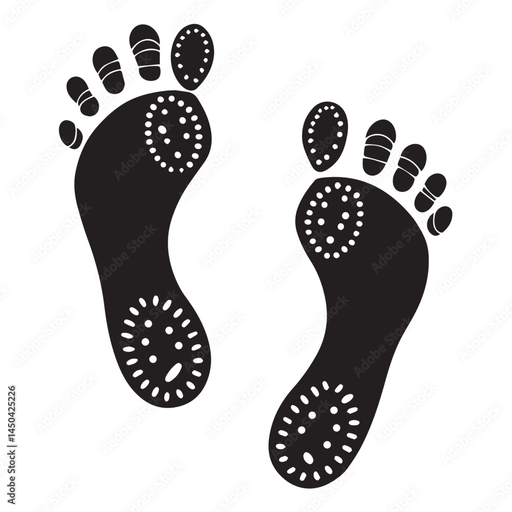 Black footprints with white dots indicating pressure points on white background Black footprints with white dots indicating pressure points on white background
