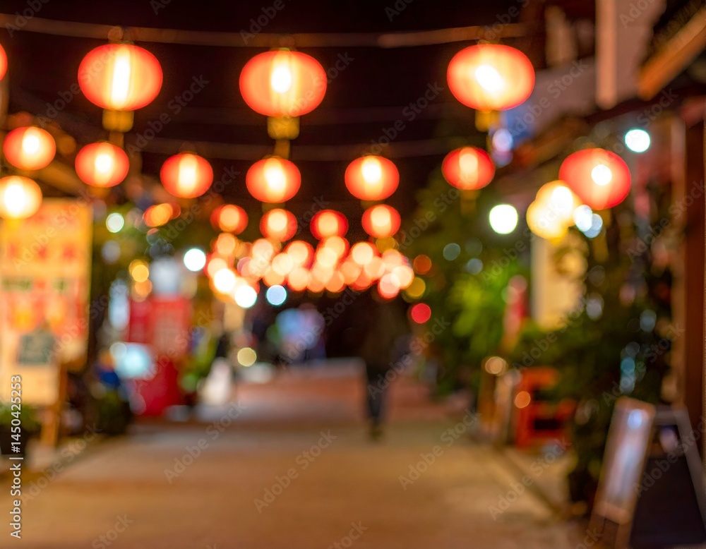 Fototapeta premium Blurred Night Street Scene with Red Lanterns. Perfect for backgrounds or atmospheric mood shots.