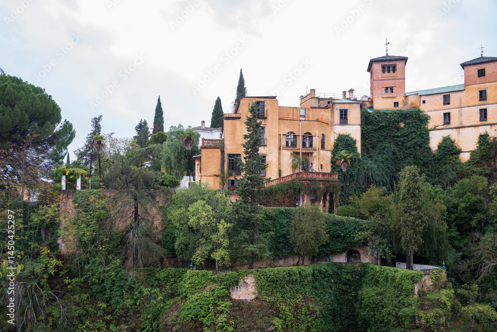 Obraz premium Spectacular buildings located in Ronda, southern Spain. The buildings are overlooking Ronda's famous deep gorge, next to the ancient stone bridge and are a great example of grand Spanish arcitecture.