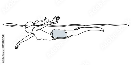 Single continuous line drawing of young happy professional swimmer man focus training in gym swimming pool center, One continuous line drawing of Marathon Swimming sports vector illustration. minimal.