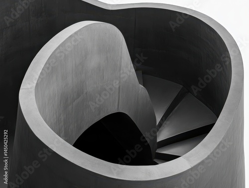 Abstract spiral staircase, detailed view of curved concrete walls.  Detailed view of a winding spiral staircase enclosed within sculpted concrete walls, showcasing smooth, flowing forms