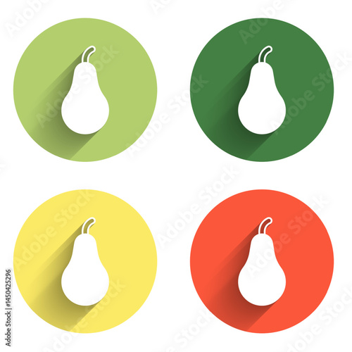 Set Pear icon isolated with long shadow background. Fruit with leaf symbol. Color circle button. Vector