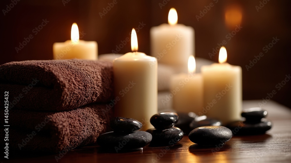 Serene Spa Setting Candles, Towels, and Stones Serene Spa Setting Candles, Towels, and Stones