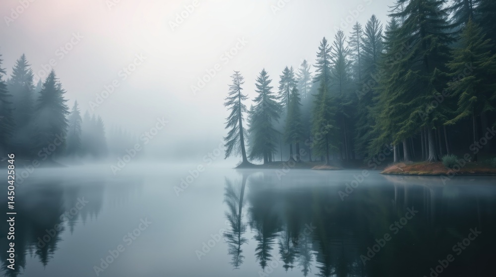 Misty lake reflecting fog-shrouded evergreen trees Misty lake reflecting fog-shrouded evergreen trees