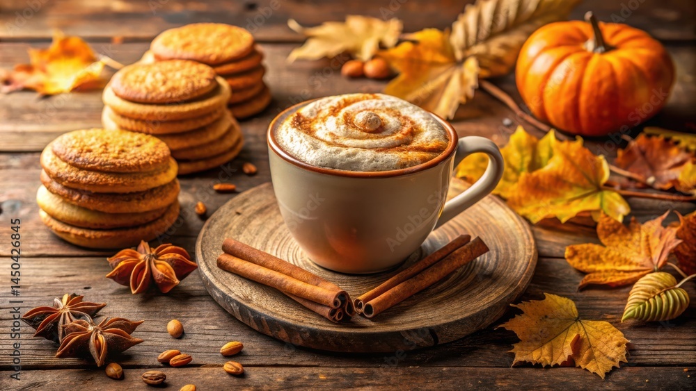 A warm mug of cinnamon coffee with milk foam surrounded by fall leaves, pumpkin, and cookies on a rustic wooden table A warm mug of cinnamon coffee with milk foam surrounded by fall leaves, pumpkin, and cookies on a rustic wooden table