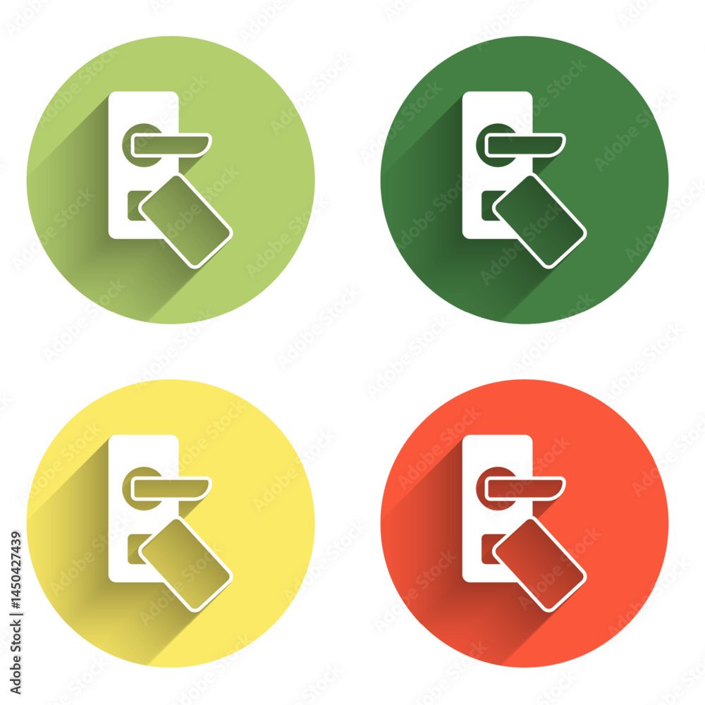 Set Digital door lock with wireless technology for unlock icon isolated with long shadow background. Door handle sign. Security smart home. Color circle button. Vector Set Digital door lock with wireless technology for unlock icon isolated with long shadow background. Door handle sign. Security smart home. Color circle button. Vector