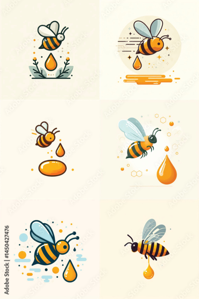 Bees collecting honey droplets in a colorful illustration Bees collecting honey droplets in a colorful illustration