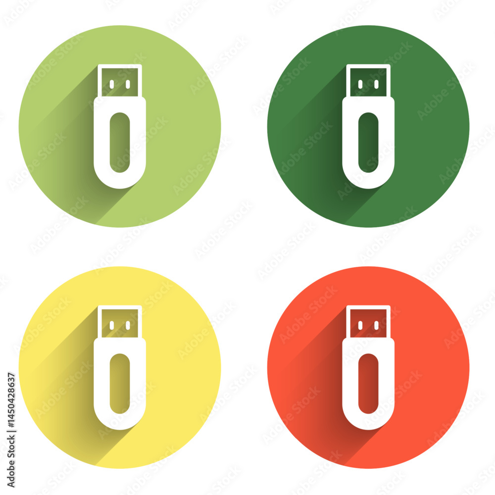 Set USB flash drive icon isolated with long shadow background. Color circle button. Vector Set USB flash drive icon isolated with long shadow background. Color circle button. Vector