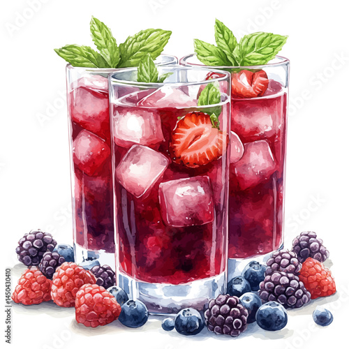 watercolor of Glass Of Mixed Berry Juice With Mint Leaves, vector, isolated on a white background.