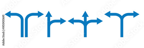 Way direction arrow sign icon set. three arrow, way sign, road direction icon vector. three-way direction arrow sign. Way pointer symbol. Turn arrow navigation sign. 