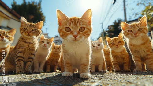 Fototapeta Naklejka Na Ścianę i Meble -  Many orange tabby kittens stand together on a street looking at the viewer.