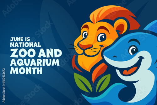 June is National Zoo and Aquarium Month. Vector illustration. Holiday banner, card, poster and background template.