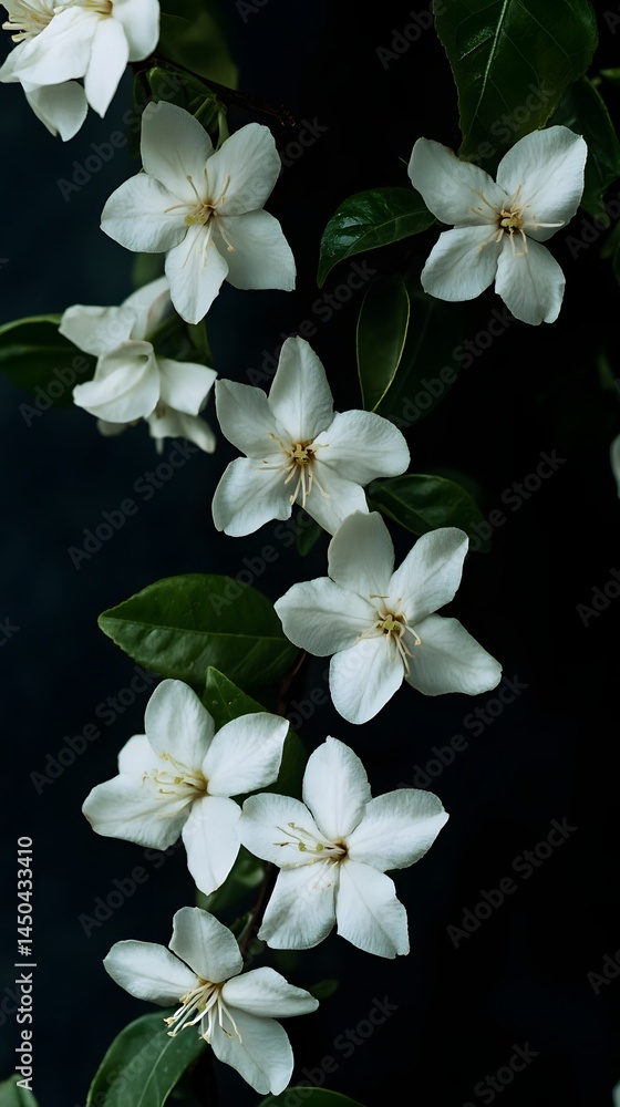 Delicate white flowers cascading on dark backdrop Delicate white flowers cascading on dark backdrop