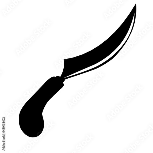 Elegant curved knife blade resting on a wooden surface, showcasing craftsmanship and design details
