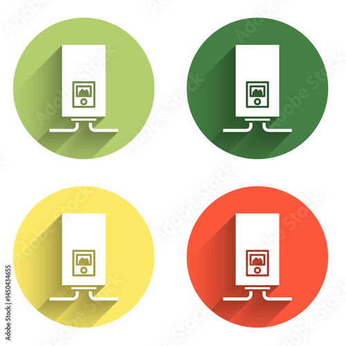 Set Gas boiler with a burning fire icon isolated with long shadow background. Color circle button. Vector