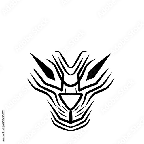Abstract black and white tribal design featuring sharp lines and geometric shapes on a plain background
