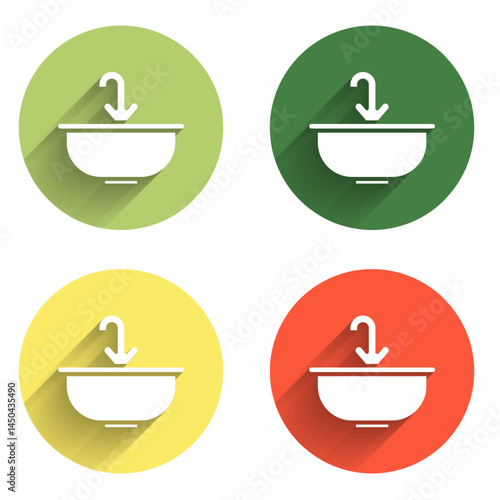 Set Washbasin with water tap icon isolated with long shadow background. Color circle button. Vector