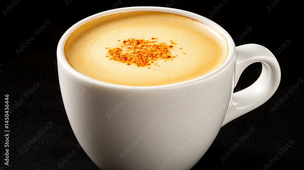 White Cup of Cappuccino with Cinnamon Sprinkle on Dark Background White Cup of Cappuccino with Cinnamon Sprinkle on Dark Background