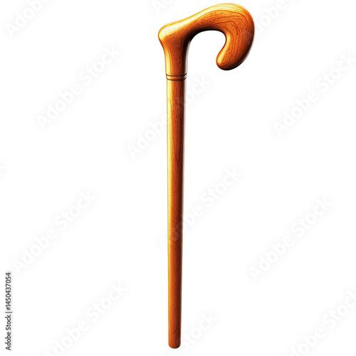 A detailed view of a classic wooden cane, with a curved handle and a sturdy shaft, symbolizing support and assistance. The image shows the craftsmanship and design of the cane. 