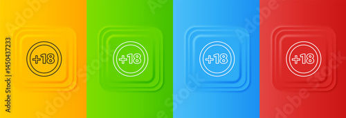 White Plus 18 movie icon isolated on colorful background. Adult content. Under 18 years sign. Set icons in square buttons. Vector