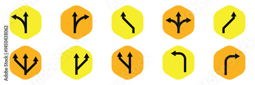 Set curve turn right left forward backward go yellow degree loop road traffic warning sign icon. exclamation, hazard sign symbol logo design for web mobile isolated white background illustration. Eps 