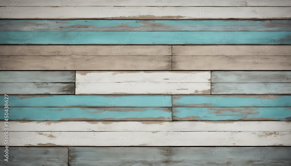 Naklejka premium Rustic wooden wall with weathered paint in white, blue, and beige tones for a vintage aesthetic.