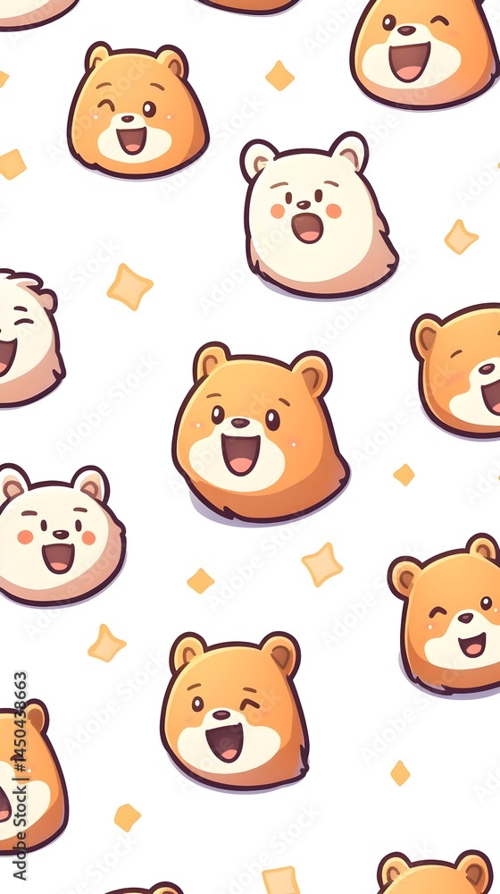 A seamless pattern featuring brown and white cartoon bear faces with closed eyes and smiling mouths, set against a white background with yellow diamond-shaped sparkles A seamless pattern featuring brown and white cartoon bear faces with closed eyes and smiling mouths, set against a white background with yellow diamond-shaped sparkles