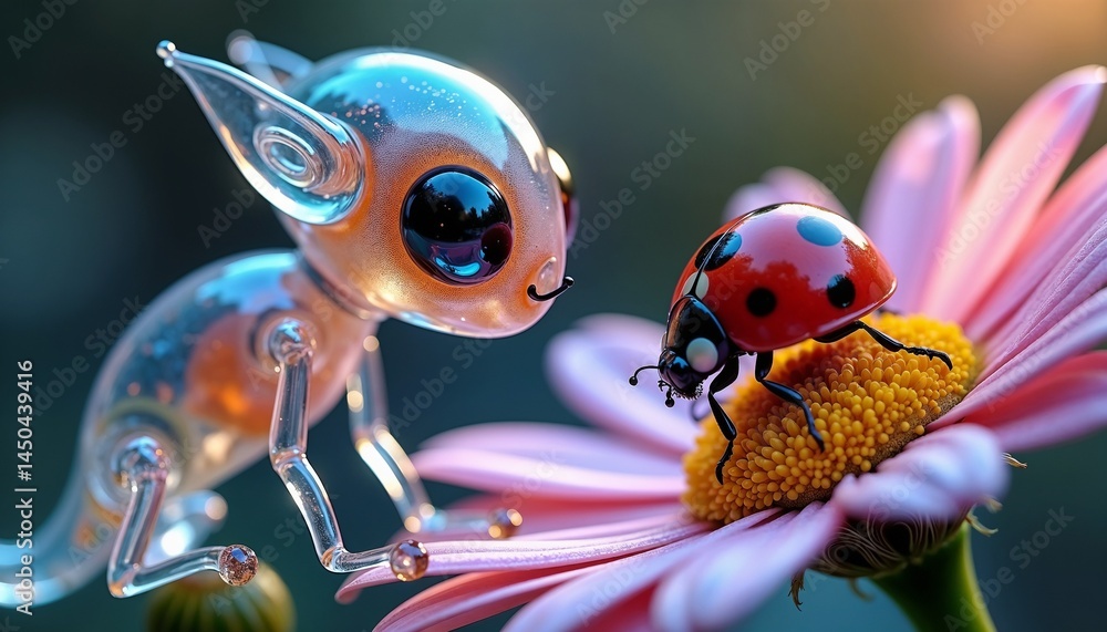 Glass creature interacting with ladybug on a flower