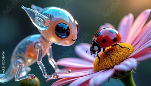 Obraz na płótnie Glass creature interacting with ladybug on a flower w salonie