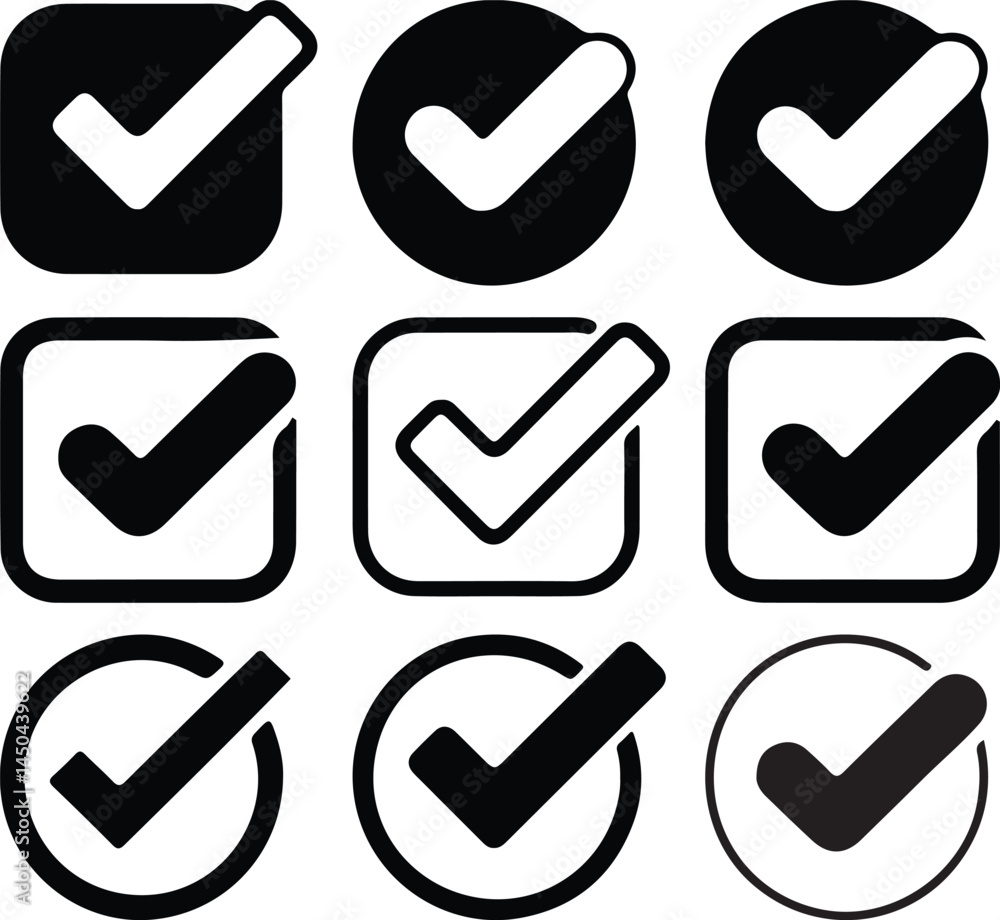 Set of Checkmark Icons in Squares and Circles Set of Checkmark Icons in Squares and Circles