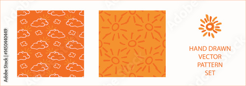 Vibrant fall cloud sunshine seamless nursery pattern set. Naive illustration of summer sky in hand drawn playful style for childrens nursery backdrops, wallpaper. 