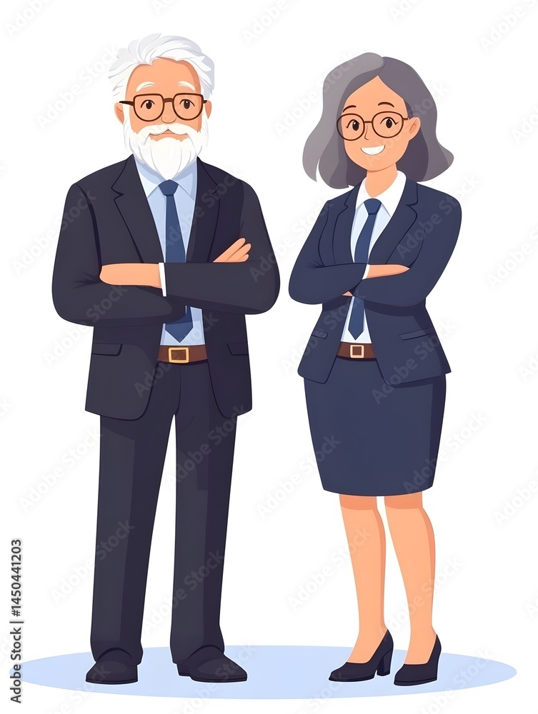 An elderly man and woman in business attire stand side by side, arms crossed An elderly man and woman in business attire stand side by side, arms crossed