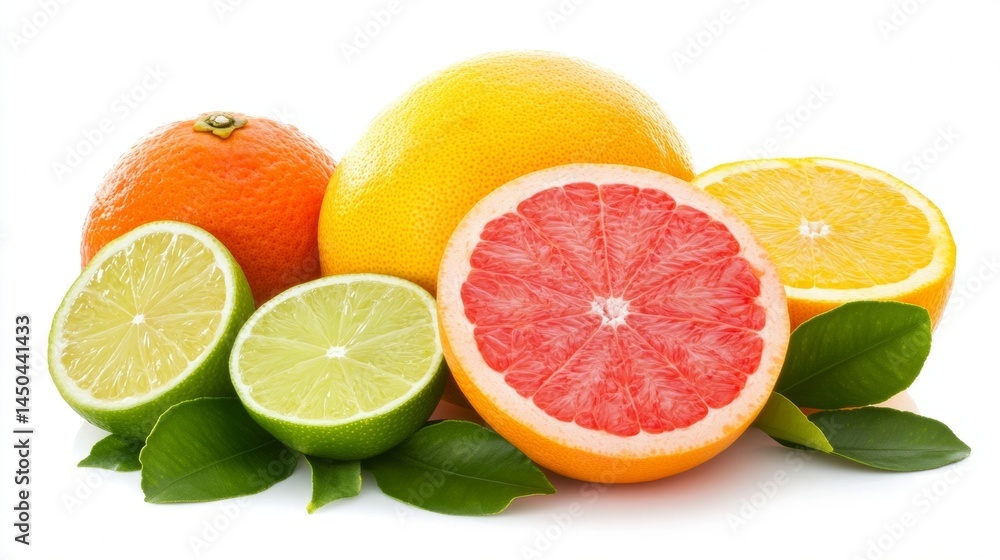 assorted citrus fruits with leaves on white background assorted citrus fruits with leaves on white background