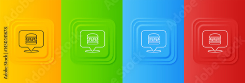 White Online ordering and burger delivery icon isolated on colorful background. Set icons in square buttons. Vector
