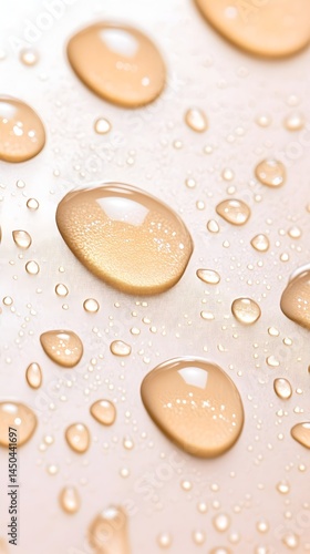 Close-up of numerous light-brown water droplets on a smooth, pale surface